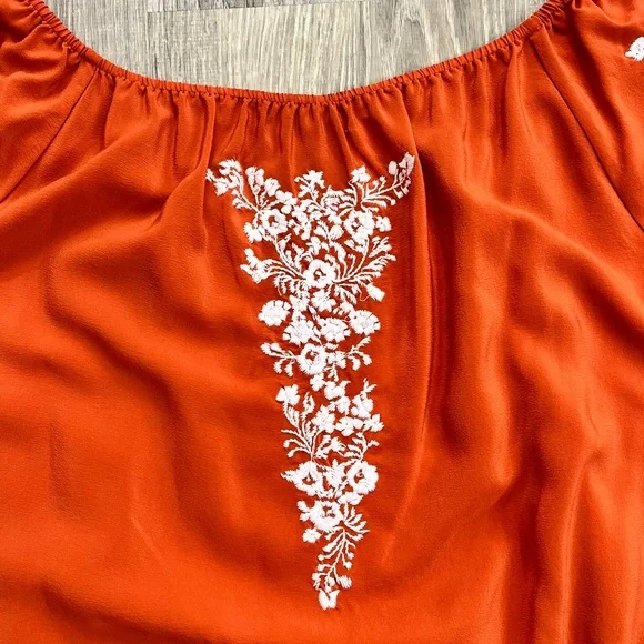 Karen Kane Medium Orange White Floral Embroidered 100% Silk Peasant Top Blouse - Picture 5 of 8